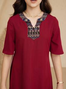 SHEIN Tween Girl Solid Color Splicing Short Sleeve Minimalist Casual Long Dress - Burgundy - View 4