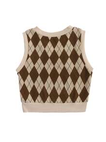 SHEIN EZwear V領菱形花紋圖案背心短版上衣 - 彩色 - 查看 2