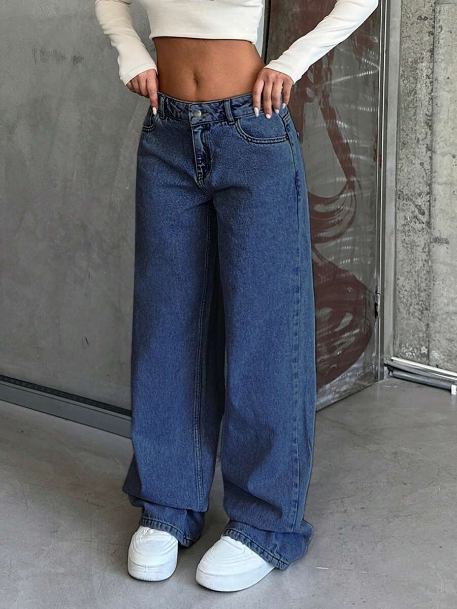 SHEIN Cottnline 100% Cotton LOW RISE WIDELEG CUT LIGHT BLUE WOMEN JEAN - Medium Wash - View 1