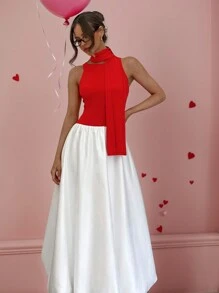 SHEIN Essnce 女士休闲勃艮第红白连衣裙纯色短袖连衣裙缎面蓬蓬裙中长版连衣裙泡泡 2 件套女士长裙配围巾新年女士服装连衣裙休闲度假服装女士圣诞连衣裙女士情人节