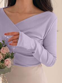 DAZY Áo thun nữ cổ chữ V dài tay màu trơn, mặc hàng ngày, trang phục mùa thu - Màu tím - Xem 3