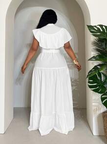 Slaydiva Elegant & Party & Gathering & Date Resort Casual Overall White Solid Color Stand Collar Partially Open Front Ruffled Patchwork Waist Tie Asymmetrical Hem Plus Size Dress - Z - White - View 2