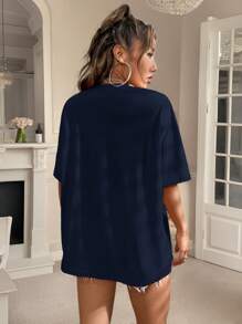 SHEIN Frenchy Blusa de cuello redondo de manga corta con estampado de letras para uso casual, uso diario