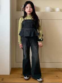 Dazy Kids 女童荷叶边下摆牛仔吊带背心和牛仔长裤套装 - 灰色 - 查看 8