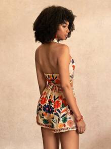 Zivah 2025Women's Spring/Summer All-Match Versatile Casual Outfit, Suitable For Music Festivals, Easter, Western Style, Boho, Nashville, Birthday Party, Graduation, Student Wear, Daily Outings, Vacation, Cruise Travel, Beach, Sunbathing. Features Prints, Open Back, Ties, Frill Trim - Multicolor - View 3