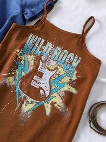 SHEIN 年轻女孩 2 件套春夏 Wildeya 新款，西式复古印花吊带连衣裙，前系带短款蓝色衬衫夹克，时尚休闲，适合户外活动和日常穿着 - 棕色 - 查看 5