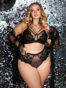 2 pièces Ensemble de lingerie en maille à pois avec application de dentelle, taille grande et sexy
