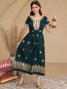 Teen Girl Gold Foil Floral Pattern Trim Neck Style Dress - Dark Green - View 4