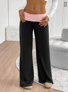 SHEIN PETITE Pantaloni della tuta a vita bassa ampi e morbidi con arricciature a contrasto, adatti a taglie piccole