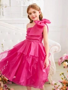 SHEIN Tween Girls' Exaggerated Ruffle One Shoulder Bow Organza Dress - Hot Pink - View 6