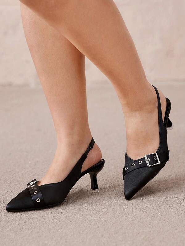 CUCCOO CURVES Plus Size Wide Fit Pointed Toe High Heel Pumps, Elegant Black Satin Ankle Strap Sandals, All Season Valentine Day