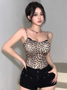DAZY Women's Leopard Print Lace Patchwork Tank Top Cheetah Print