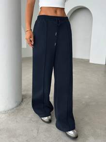 SHEIN Essnce Women Casual Solid Color Drawstring Waist Sweatpants, Versatile - Navy Blue - View 4