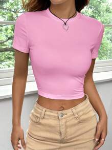 SHEIN Muchic Summer 2pcs Set Casual Round Neck Short-Sleeved Tight-Fitting Women's T-Shirt, Suitable For Summer - Pink - View 3