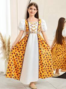 SHEIN Tween Girls' Vacation Style Rose Retro Print 2 In 1 Puff Sleeve Princess Dress - Multicolor - View 1