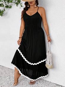 SHEIN Frenchy Plus Size Women Czarna Kontrastowa Sukienka Bez Rękawów Z Falbanką, Modna Sukienka Na Wyjście, Wiosna/Lato Nowość Boho/Bohema Sukienka z Siateczki Sukienka Na Studniówkę Sukienka Foral Damska Skromna Sukienka Wiosenna Eleganckie Sukienki Damskie Długa Sukienka Plażowa Strój Koncertowy Kobiety