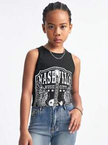 SHEIN Tween Girls Spring/Summer Music Festival Guitar & Letter Printed Cropped Tank Top - Black - View 3