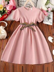 SHEIN Tween Girls Puff Sleeve Geometric Belt Cinched Waist A-Line Dress