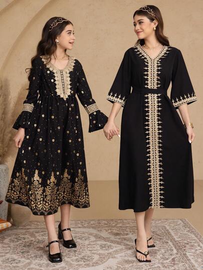 SHEIN V-Neck Contrast Color Gold Ribbon Black Belted Teen Girls Dress