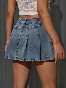 SHEIN Unity Women's Casual Denim Mini Skirt, Suitable For Outing And Travel - الأزرق - مشاهدة 2