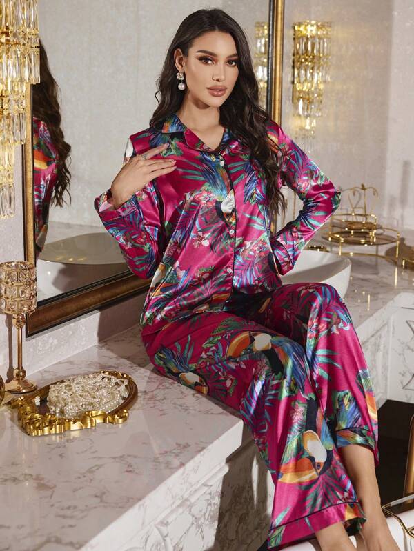 LuxeNights Set pijama pentru femei cu imprimeu tropical de plante, bluză și pantaloni cu mânecă lungă și nasturi în față, stil Vacanță
