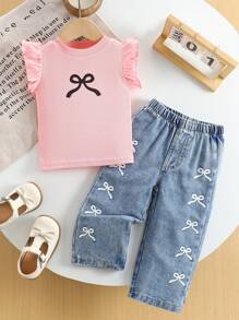 2 Pcs Baby/Baby Girl Sleeveless Bow Print Top And Long Pants Set, Summer Fashion - Pink - View 8