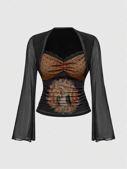 Fairycore Women's Virgin Mary Graphic Contrast Color Mesh Splice T-Shirt