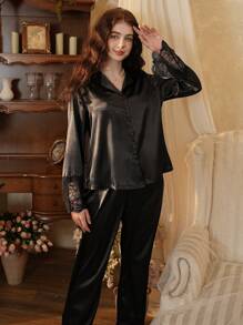 Côtesoire 优雅性感蕾丝拼接女士睡衣套装，适合假日、秋冬季节穿着。 - 黑色 - 查看 5