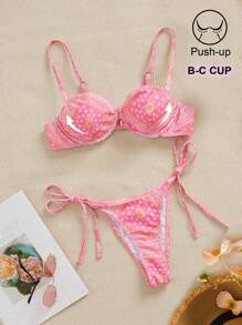 Boho Floral Print Pink Push Up Padless Bikini Set Swimwear, For Summer Beach Vacation - Multicolor - View 3