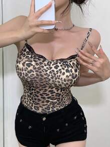 DAZY Women's Leopard Print Lace Patchwork Tank Top Cheetah Print