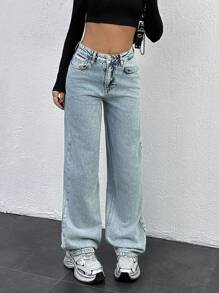 EURMUSE HIGH RISE STRAIGHT RIPPED HEM WOMEN JEAN - Medium Wash - View 5