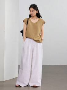 Dazy-Less 女士商务休闲纹理针织纯色简约流苏背心 - 黃色 - 查看 2