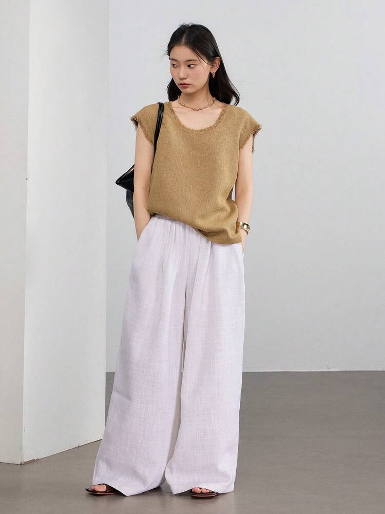 Women's Business Casual Textured Knit Solid Minimalist Fringed Tank Top