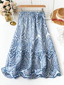 Breezaya 女士优雅白色和蓝色刺绣 A 字裙，春夏