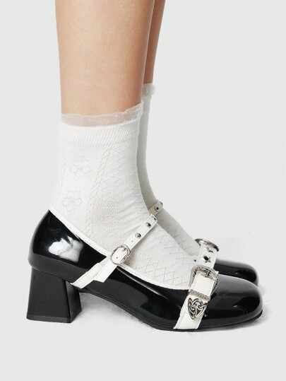 Goth Bombas tipo Mary Jane de tacón grueso y puntera cerrada con hebilla metálica de estilo gótico, zapatos de vestir de estilo punk rock para mujeres