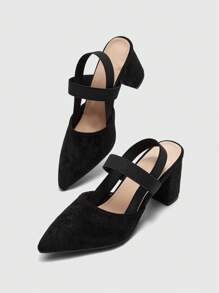 CUCCOO BIZCHIC 女士时尚黑色绒面弹性组合尖头粗高跟鞋，适合通勤、约会、派对、婚礼、度假