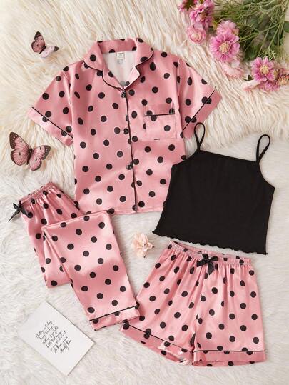 4pcs Valentine's Day Outfit Set For Tween Girls, Pink Minimalist Black Dot Print Knit Fabric Short Sleeve Top, Trousers, Camisole, Casual Home Wear,Summer,Travel