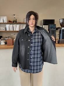 SHEIN EZwear 大码女式落肩长袖单排扣休闲牛仔夹克 - 黑色 - 查看 6