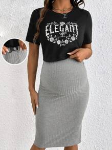 SHEIN 2pcs/Set Maternity Form-Fitting T-Shirt And Adjustable Waist Slim Skirt