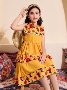 1pc Girls Floral Print Patchwork Collar Sleeveless Cake Skirt, Spring/Summer Vacation Style - Yellow - View 3