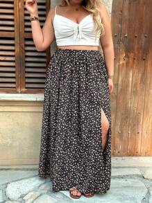 SHEIN VCAY Plus Size Women's Casual Ditsy Floral High Slit Skirt - Multicolor - View 6