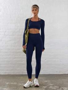 Musera Sport Ribbed High Waist Contour Activewear Leggings, Padel, Tennis, Pickleball Gym Fitness - Navy Blue - View 1