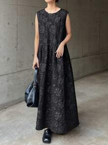 FRIFUL Women's Black Dress With 3D Textured Ruffle, Sleeveless, Elegant Resort Summer Wear Sundress