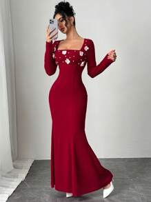 Modelyn Women's Elegant Pearl Floral High Neck Fish Tail Dress, Suitable For Parties Fall Cloth For Women