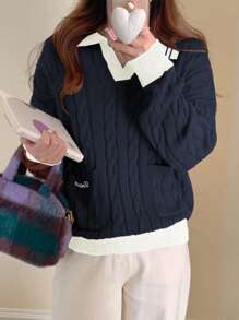 DAZY Color Block Letter Embroidery Oversized Turndown Collar Long Sleeve Women Sweater,Fall Women Clothes - Navy Blue - View 1