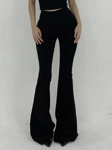 Strévra Women High Stretch Solid Color Simple Skinny Flare Pants, Casual Daily Wear