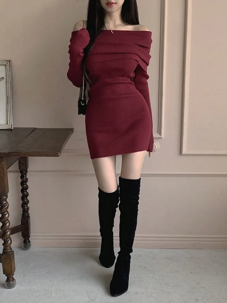 Women's Bodycon Off Shoulder Sweater Dress With Oversized Collar,Fall Women Clothes Red Women Dresses