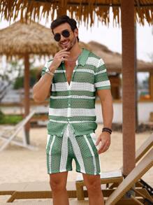 Manfinity RSRT 2 peças Conjunto de Suéter e Shorts Tricotados Masculinos, Moda Minimalista Casual para Uso Diário, Roupas de Balada