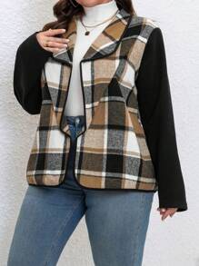 SHEIN LUNE Plus Size Women Plaid Patchwork Long Sleeve Casual Jacket, Autumn