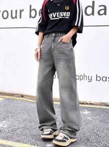 SHEIN Teen Boy Y2k Old Money Fashion Casual Gary Denim Cotton Basic Simple Comfortable Fresh Slim Teen Boy Jeans For Boy Soft Dailywear And Teen Boy Summer Clothes - Grey - View 1